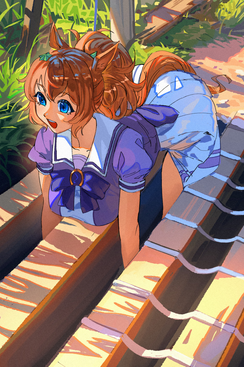 1girl, absurdres, animal_ears, blixadon, blue_eyes, breasts, brown_hair, hair_ornament, highres, horse_ears, horse_girl, horse_tail, long_hair, open_mouth, photo-referenced, ponytail, school_uniform, shirt, skirt, smile, star_(symbol), star_hair_ornament, taiki_shuttle_(umamusume), tail, tracen_school_uniform, umamusume