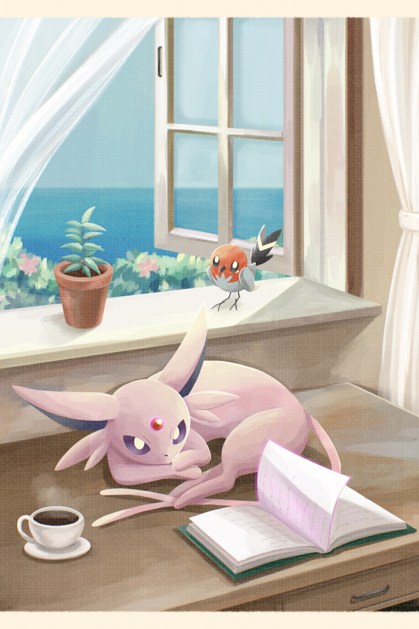 animal_focus, beak, bird, book, cup, espeon, fletchling, forehead_jewel