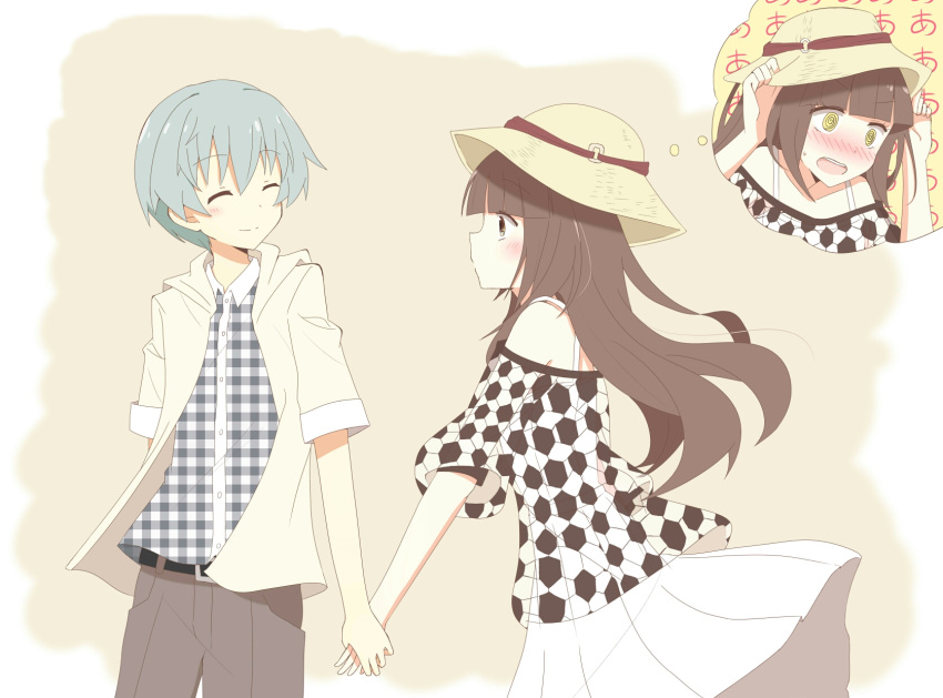 1boy, 1girl, @_@, ansatsu_kyoushitsu, bare_shoulders, belt, black_hair, blue_hair