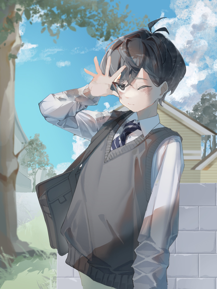 1boy, absurdres, alternate_costume, antenna_hair, arm_up, black_eyes, black_hair, black_sweater_vest