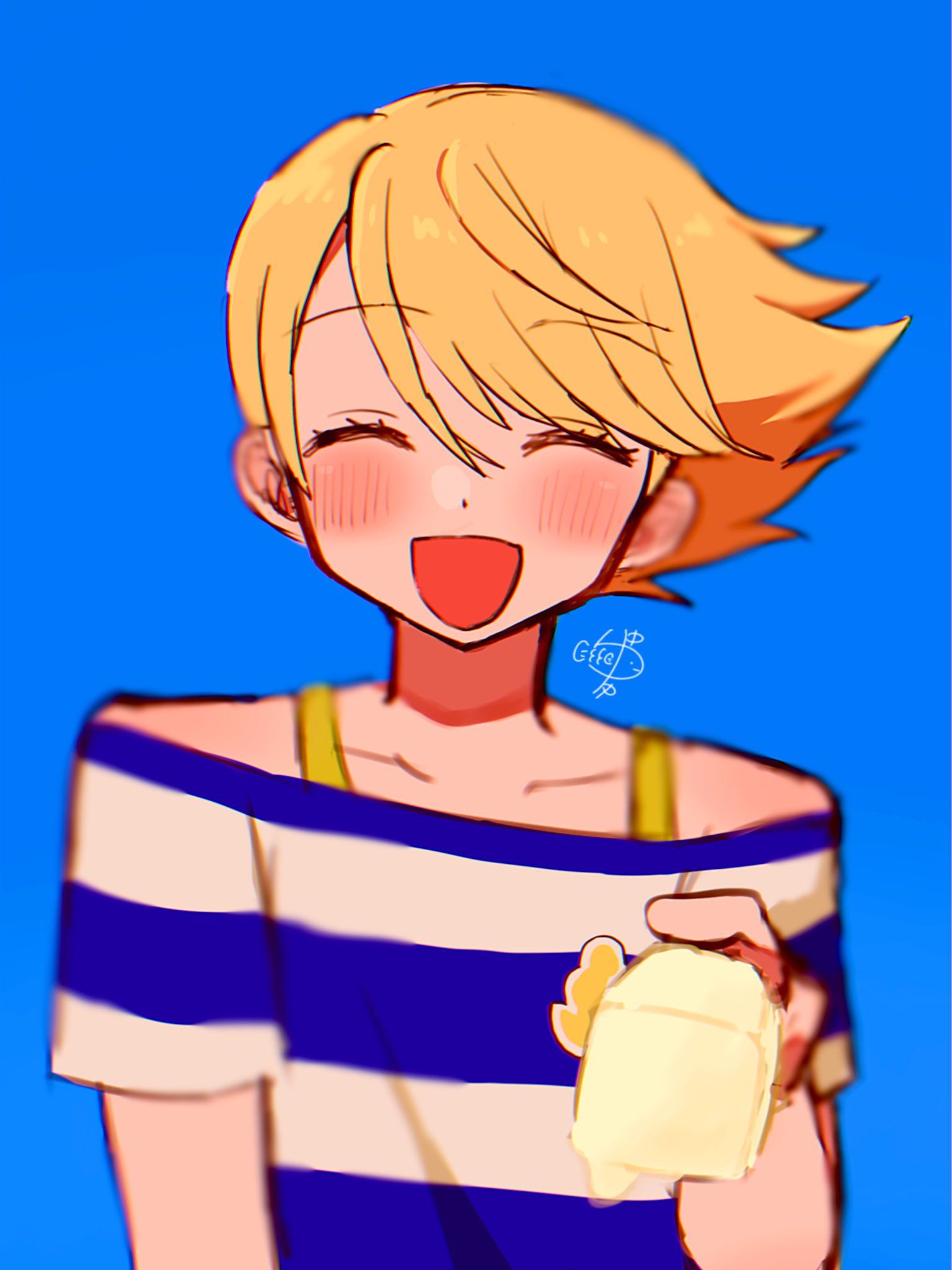 1boy, blonde_hair, blue_background, blue_shirt, blurry, blush, closed_eyes, commentary_request