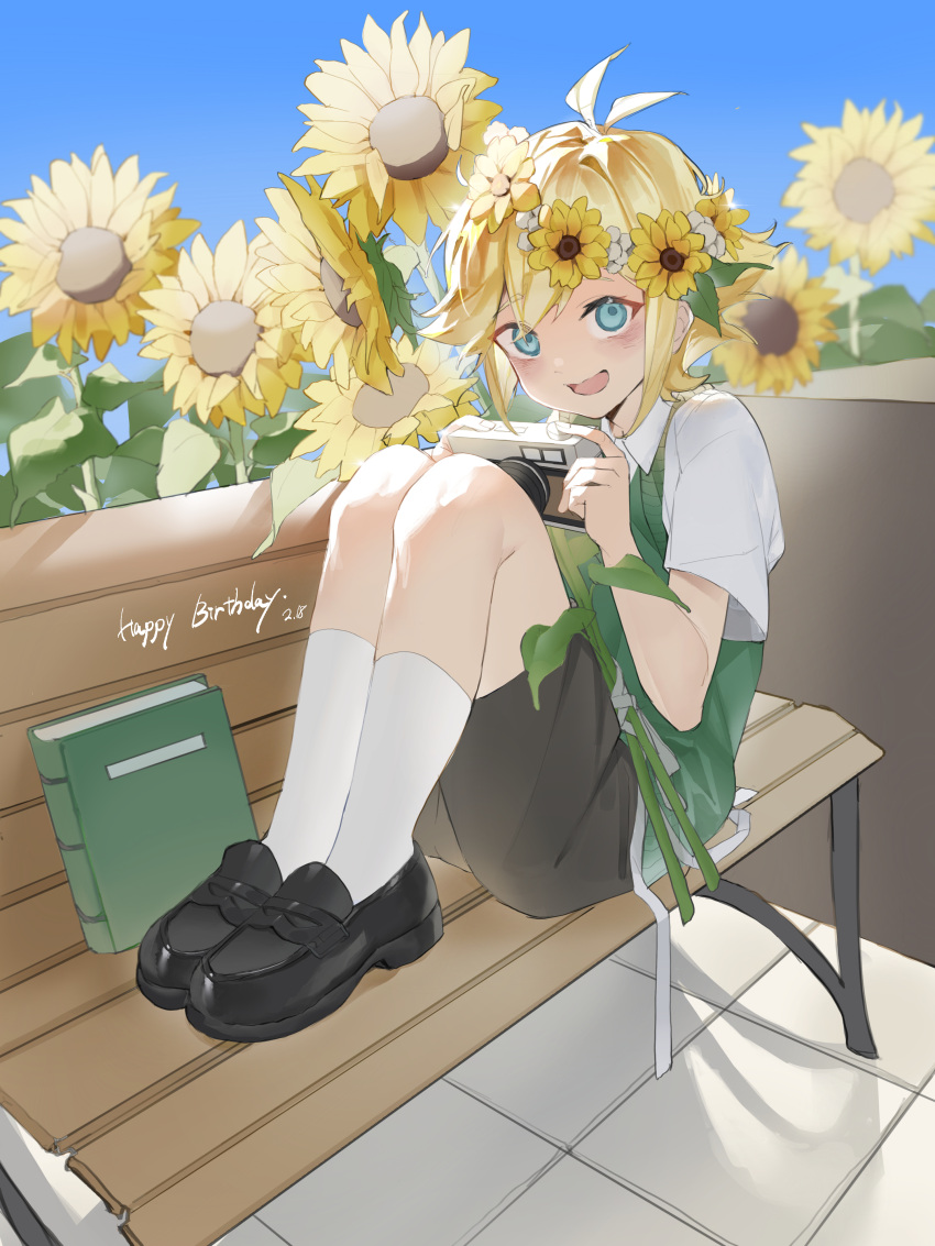 1boy, absurdres, antenna_hair, basil_(faraway)_(omori), basil_(omori), bench, black_shoes, blonde_hair