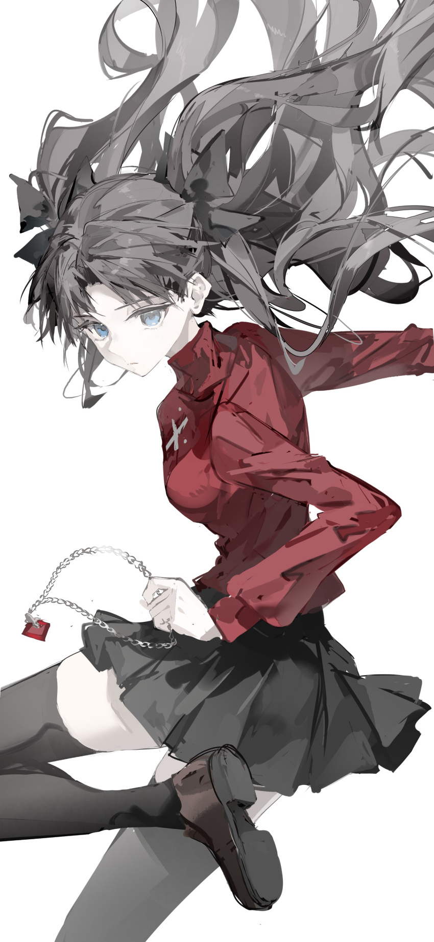 1girl, absurdres, black_hair, black_skirt, black_thighhighs, blue_eyes, brown_shoes, closed_mouth