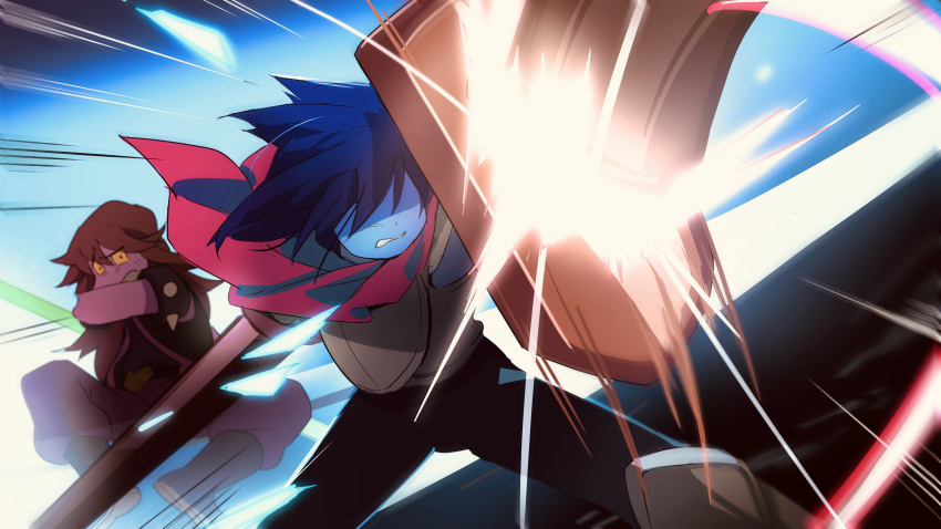 1girl, 1other, armlet, armor, blue_hair, blue_skin, brown_hair, cape