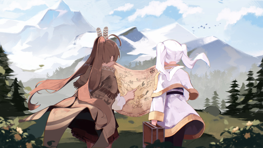 2girls, absurdres, ahoge, black_pantyhose, brown_capelet, brown_hair, capelet, clouds