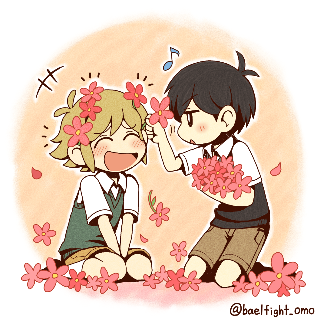 +++, 2boys, ^_^, antenna_hair, basil_(faraway)_(omori), basil_(omori), black_eyes, black_hair