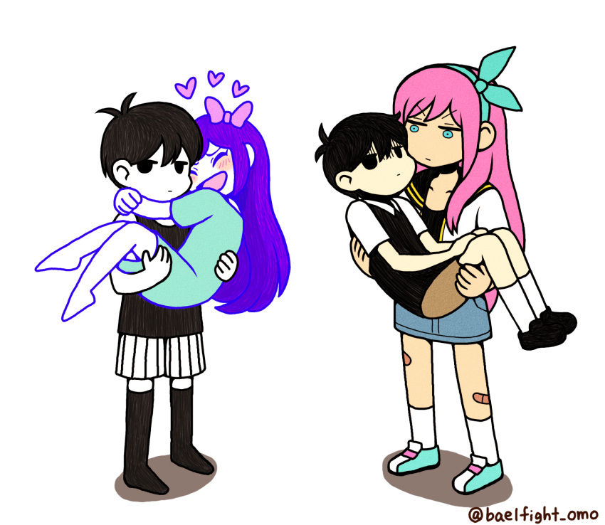 2boys, 2girls, antenna_hair, aubrey_(faraway)_(omori), aubrey_(headspace)_(omori), aubrey_(omori), bandaid, bandaid_on_leg