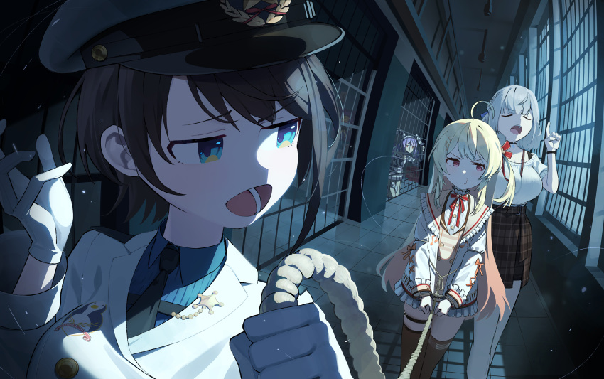 1girl, 4girls, ahoge, averting_eyes, black_hair, black_necktie, blonde_hair, blue_eyes, blue_shirt, bound, bound_wrists, braid, breasts, brown_dress, brown_skirt, brown_thighhighs, buttons, closed_eyes, commentary_request, cuffed, cuffs, double-breasted, dress, facing_viewer, frilled_jacket, frilled_shirt_collar, frills, gloves, gold_buttons, grey_hair, hair_ornament, half_up_braid, hallway, handcuffs, hat, highres, holding, holding_rope, hololive, hololive_dev_is, indoors, jacket, large_breasts, long_hair, looking_at_another, looking_back, multiple_girls, musical_note, musical_note_hair_ornament, nasan_(coldtime), necktie, off-shoulder_sweater, off_shoulder, official_alternate_costume, one_side_up, oozora_subaru, oozora_subaru_(police), otonose_kanade, otonose_kanade_(1st_costume), plaid_clothes, plaid_dress, plaid_skirt, police, police_badge, police_hat, police_uniform, policewoman, pout, prison, prison_cell, puckered_lips, red_eyes, ribbed_sweater, rope, sailor_collar, shirogane_noel, shirogane_noel_(casual), shirt, short_hair, skirt, sweater, swept_bangs, thigh-highs, usada_pekora, usada_pekora_(prisoner), virtual_youtuber, white_gloves, white_hat, white_jacket, white_sailor_collar, white_sweater, window_shadow