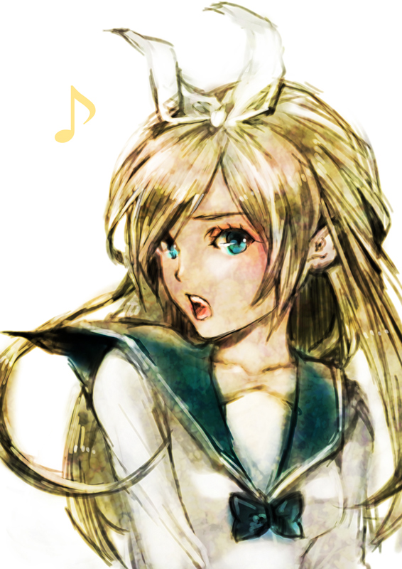 aqua_eyes, bad_id, blonde_hair, kagamine_rin, long_hair, musical_note, open_mouth, singing