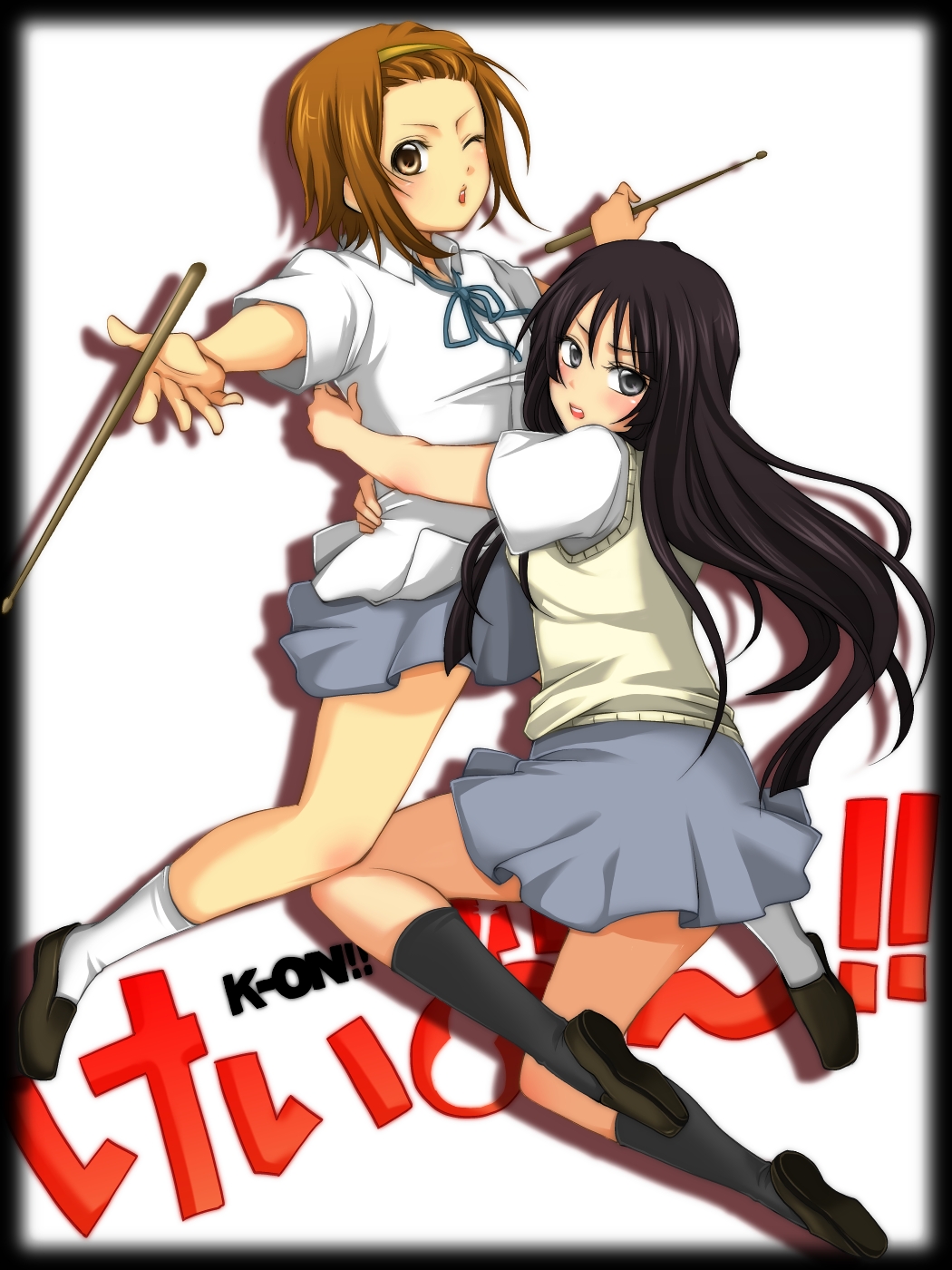 akiyama_mio, black_hair, brown_hair, drumsticks, footwear, hairband, highres, hug