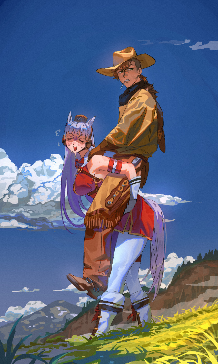 1boy, 1girl, absurdres, animal_ears, blixadon, blue_sky, boots, breasts, brown_hair, closed_eyes, clouds, cowboy, cowboy_boots, cowboy_hat, gold_ship_(umamusume), grey_hair, hat, highres, horse_ears, horse_girl, horse_tail, long_hair, mouth_hold, open_mouth, riding, sky, sweat, tail, team_spica's_trainer, trainer_(umamusume), umamusume