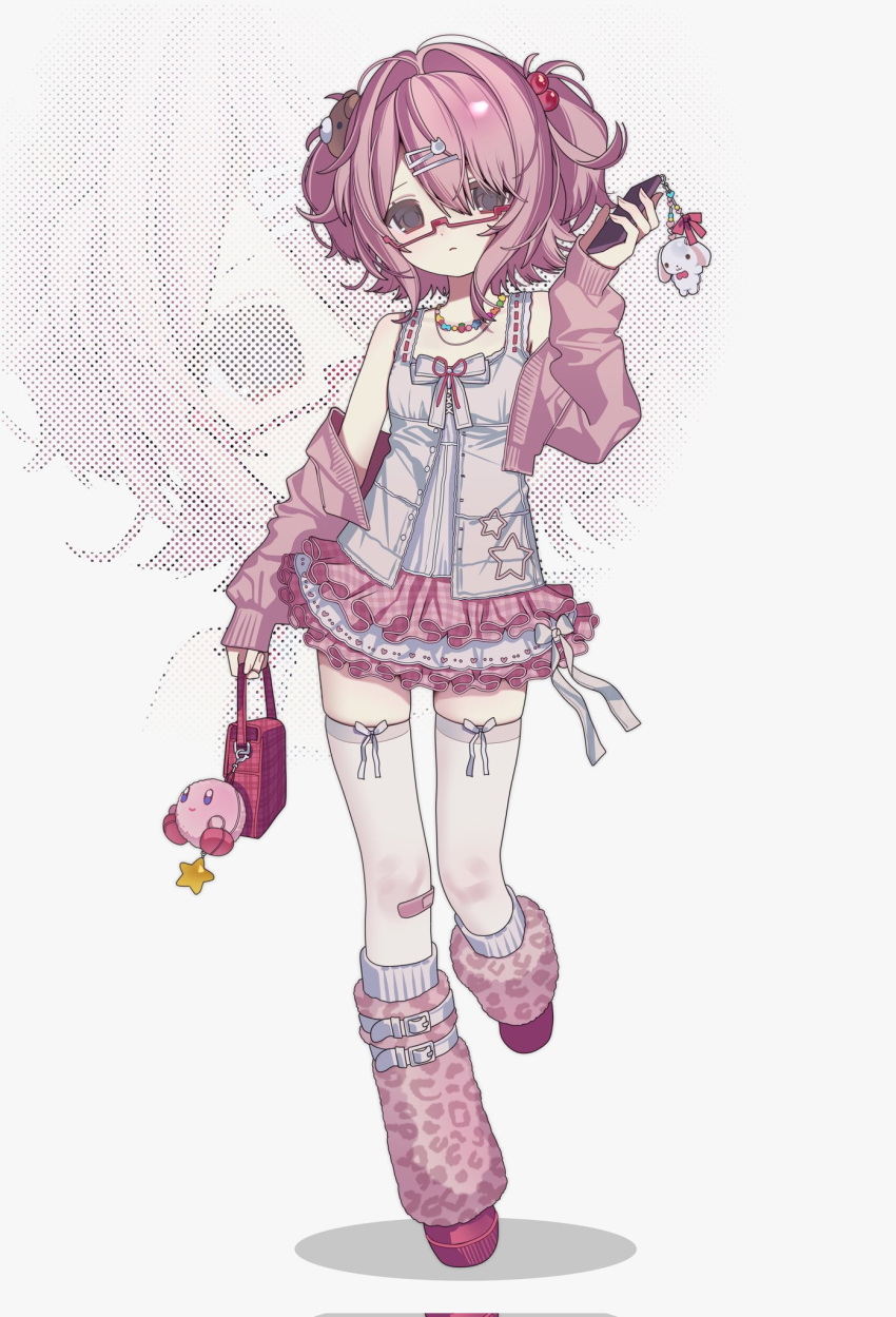 0_o_s_k, ahoge, animal_charm, animal_hair_ornament, bag, bag_charm, bandaid, bandaid_on_knee, bandaid_on_leg, bare_shoulders, boots, bow, bow_legwear, brown_eyes, cellphone_charm, charm_(object), commission, cropped_jacket, dress, food-themed_necklace, frilled_dress, frills, full_body, fur_boots, glasses, grey_background, hair_between_eyes, hair_bobbles, hair_intakes, hair_ornament, hairclip, handbag, highres, holding, holding_bag, holding_phone, jacket, kirby, kirby_(series), knee_boots, layered_dress, long_sleeves, looking_at_viewer, multiple_necklaces, off_shoulder, original, parted_bangs, phone, pink_bandaid, pink_boots, pink_dress, pink_hair, pink_jacket, polka_dot, polka_dot_background, red-framed_eyewear, red_bag, red_bow, semi-rimless_eyewear, short_hair, sleeveless, sleeveless_dress, sleeves_past_wrists, star_(symbol), star_print, stuffed_toy, thigh-highs, twintails, two-tone_dress, white_bow, white_dress, white_thighhighs, zoom_layer