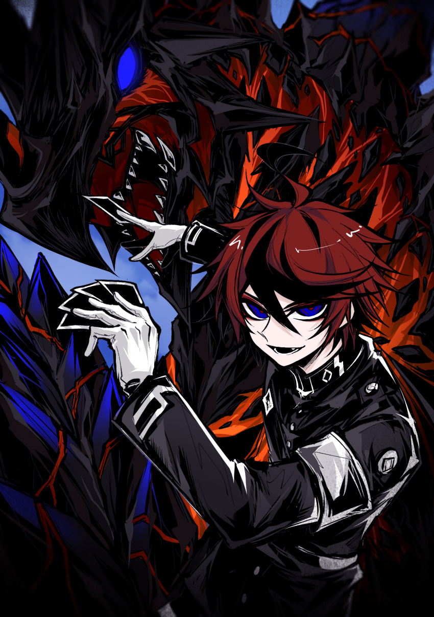 1boy, absurdres, ahoge, armband, arms_up, black_streaks, blue_background, blue_eyes