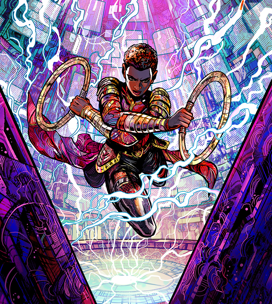 1girl, abstract_background, armor, black_hair, black_panther_(movie), bracelet, cape, colorful_background
