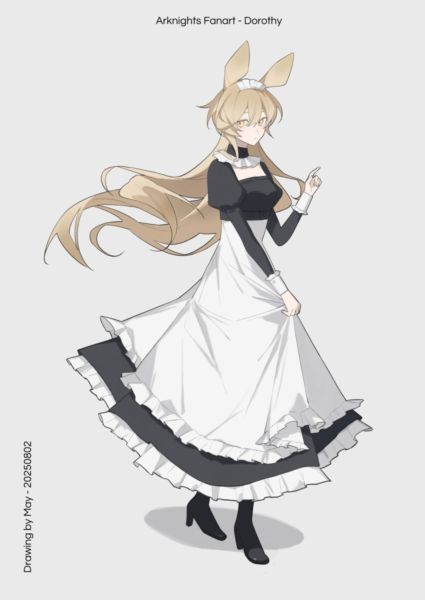 1girl, 55555may, absurdres, alternate_costume, animal_ears, arknights, artist_name, black_dress