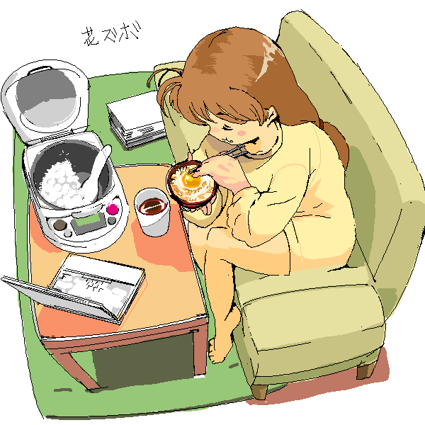 barefoot, bowl, brown_hair, chopsticks, computer, couch, eating, edoya_inuhachi