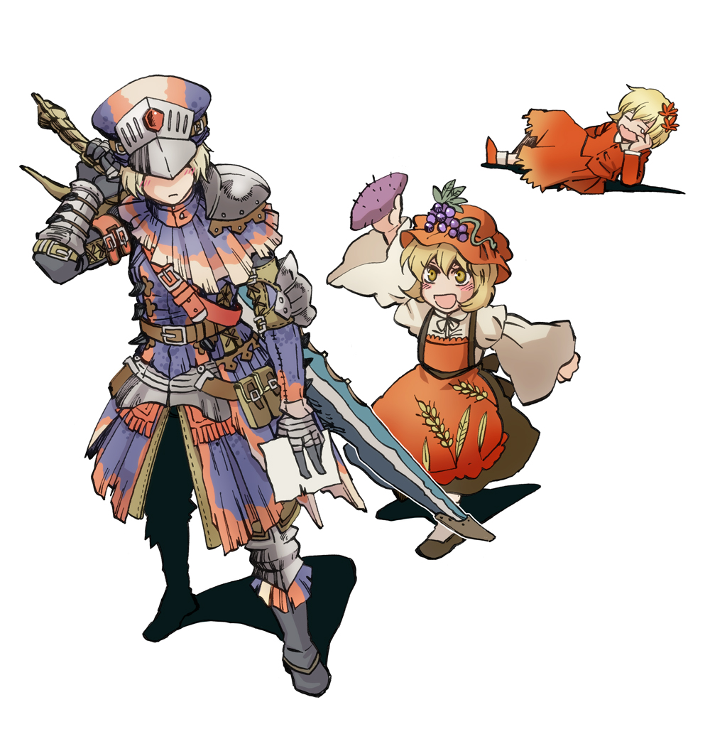 3girls, aki_minoriko, aki_shizuha, apron, armor, belt, blonde_hair, charin