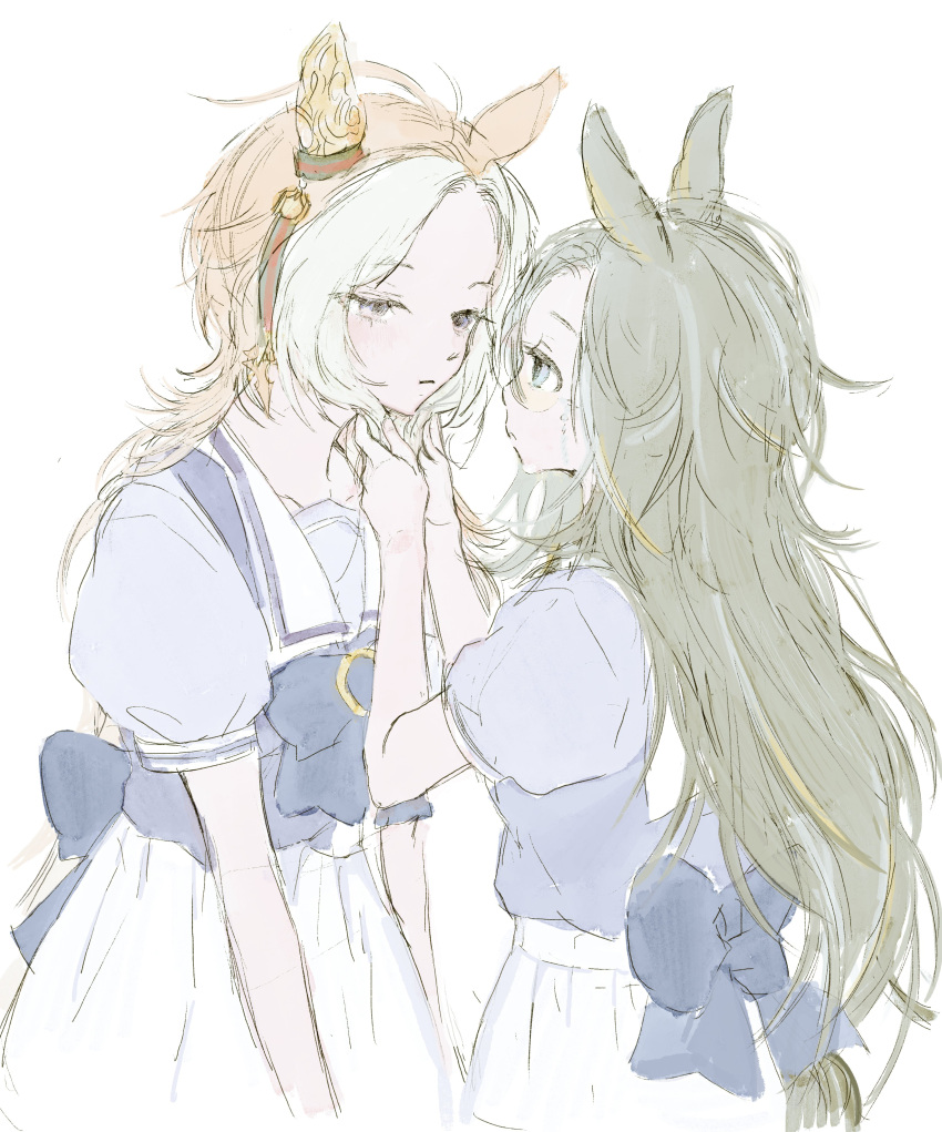 2girls, absurdres, animal_ears, bow, closed_mouth, dream_journey_(umamusume), ear_covers, ear_ornament