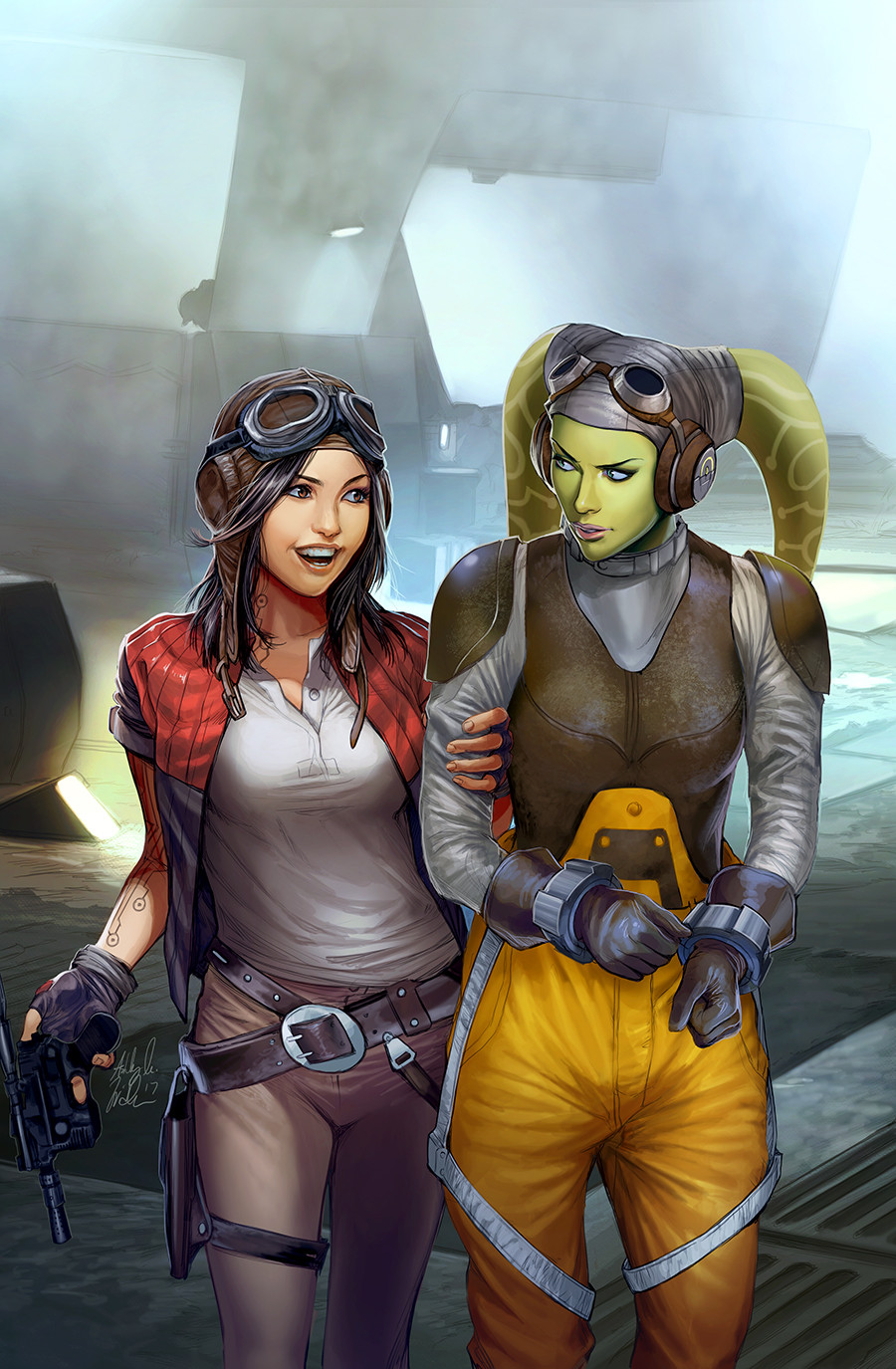 2girls, alien, ashley_witter, aviator_cap, black_jacket, brown_eyes, brown_hair, brown_hat