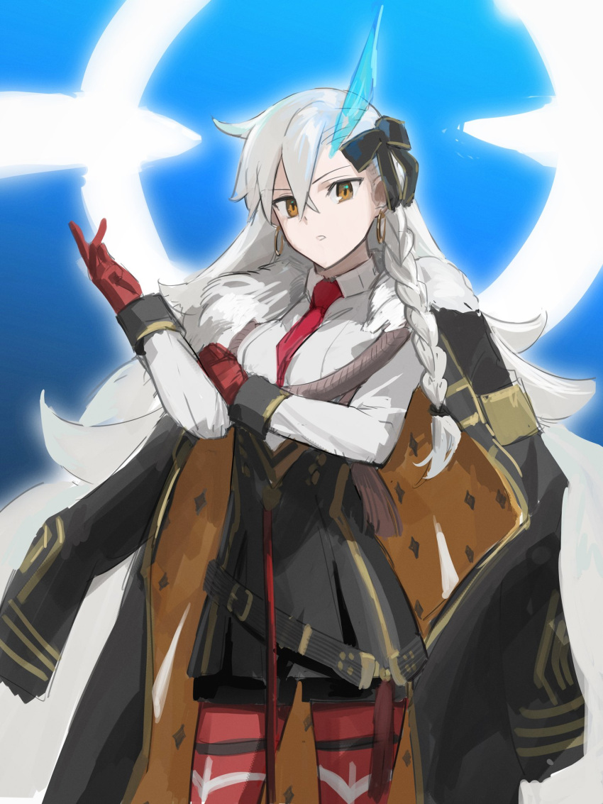 1girl, black_ribbon, braid, brown_eyes, commentary, crossed_bangs, earrings, fate/grand_order