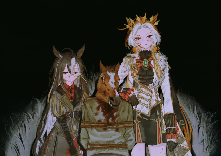 1other, 2girls, absurdres, animal_ears, blood, blood_on_clothes, blood_on_face, bound
