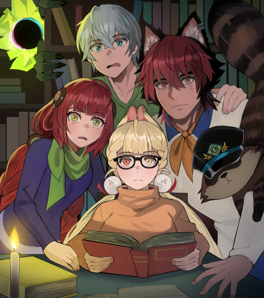 2boys, 2girls, alice_thymefield, animal_ears, black_hat, blonde_hair, book, candle