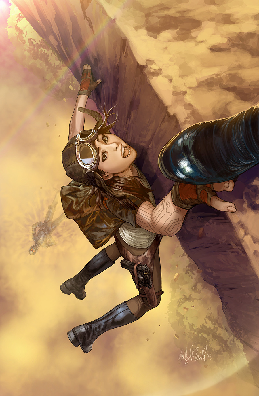 1girl, 2others, arm_tattoo, ashley_witter, aviator_cap, black_boots, black_jacket, black_shoes