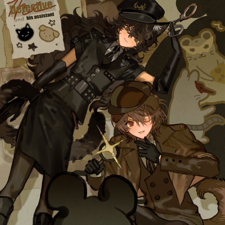 2boys, akechi_gorou, amamiya_ren, black_gloves, black_shirt, brown_hair, brown_hat, brown_jacket