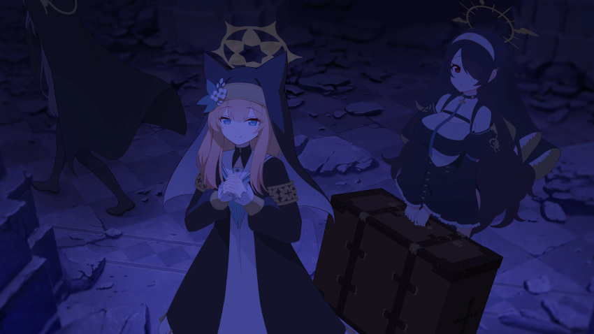 3girls, aqua_eyes, black_hair, blue_archive, blue_background, cathedral, dress, gloves