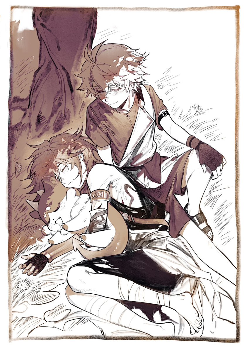 2boys, antenna_hair, bandages, barefoot, child, chimera_(honkai:_star_rail), fingerless_gloves, fsh887624596321