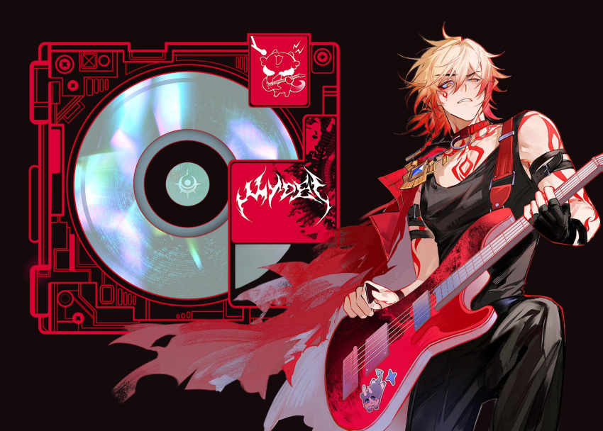 1boy, album_cover, alternate_costume, arm_tattoo, armband, black_background, black_gloves, black_pants