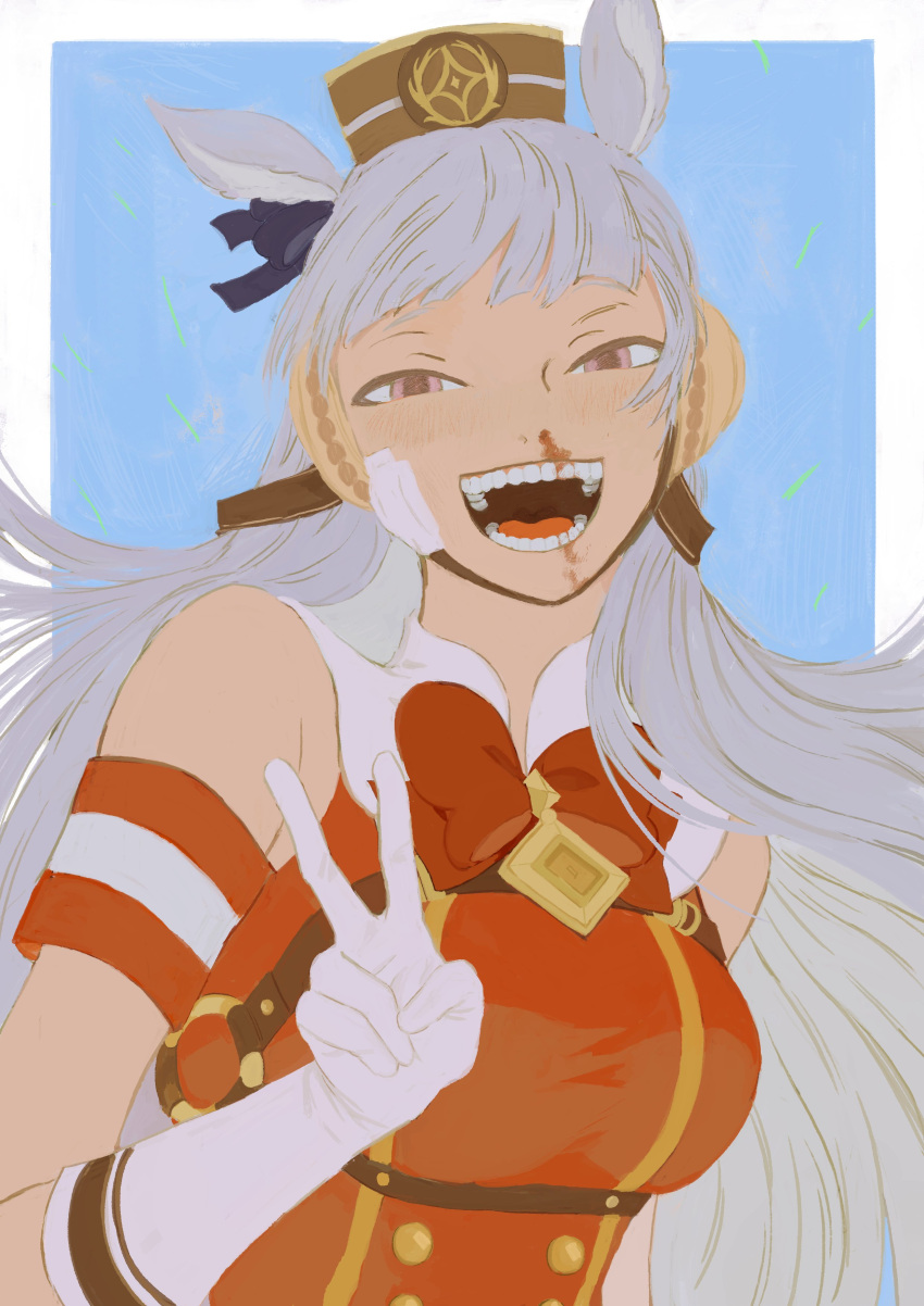 1girl, absurdres, against_glass, animal_ears, bandage_on_face, bandages, blood, bow