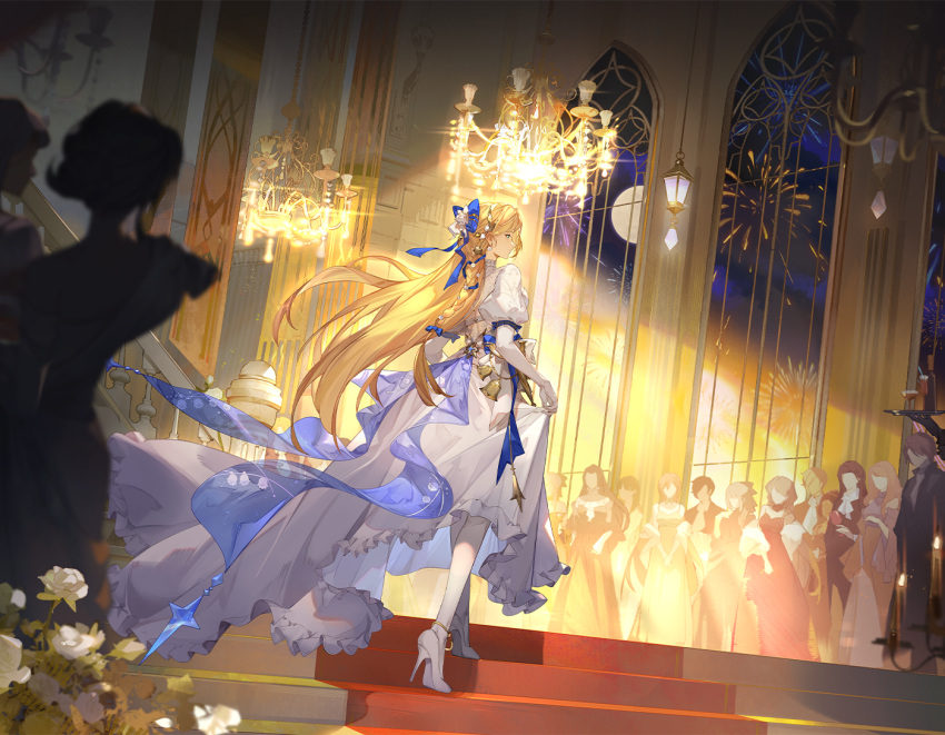 6+boys, 6+girls, bell, blonde_hair, blue_bow, blue_ribbon, bow, chandelier
