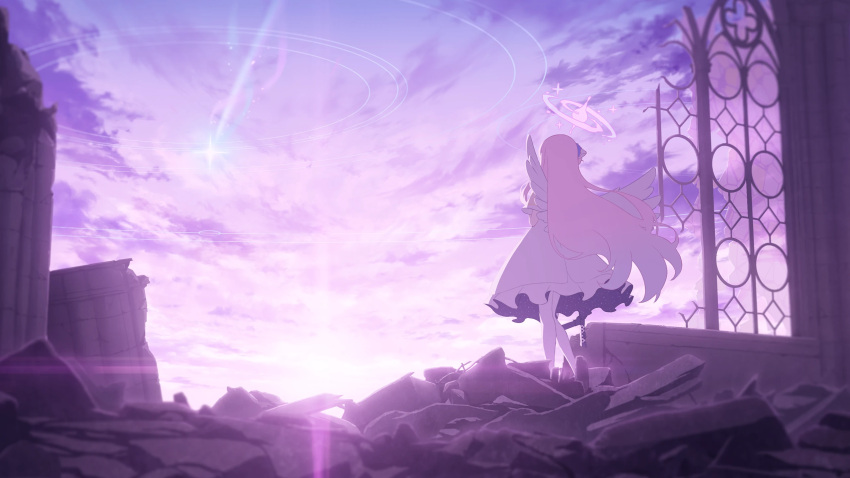 1girl, blue_archive, clouds, dress, european_architecture, gradient_sky, halo, highres