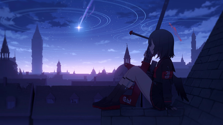 1girl, anti-materiel_rifle, anzio_ironworks_20mm_rifle, black_hair, blue_archive, european_architecture, gradient_sky, gun