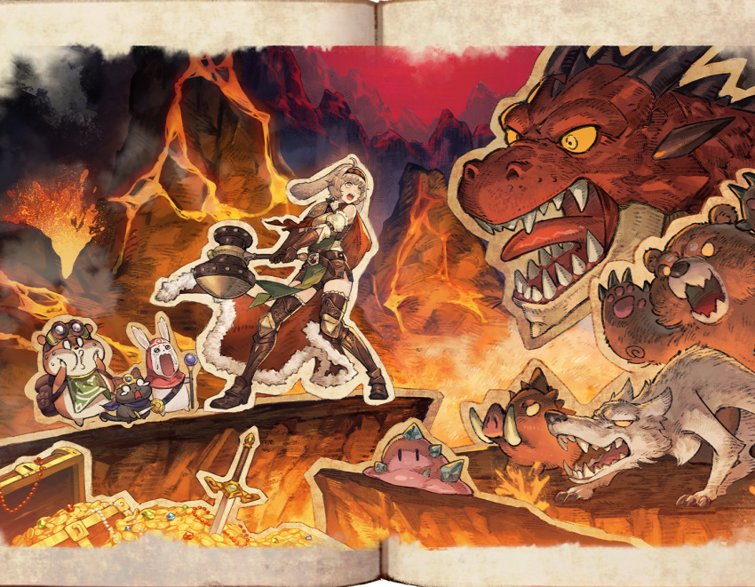 1girl, animal_ears, arm_belt, armor, bear, belt, boar, book