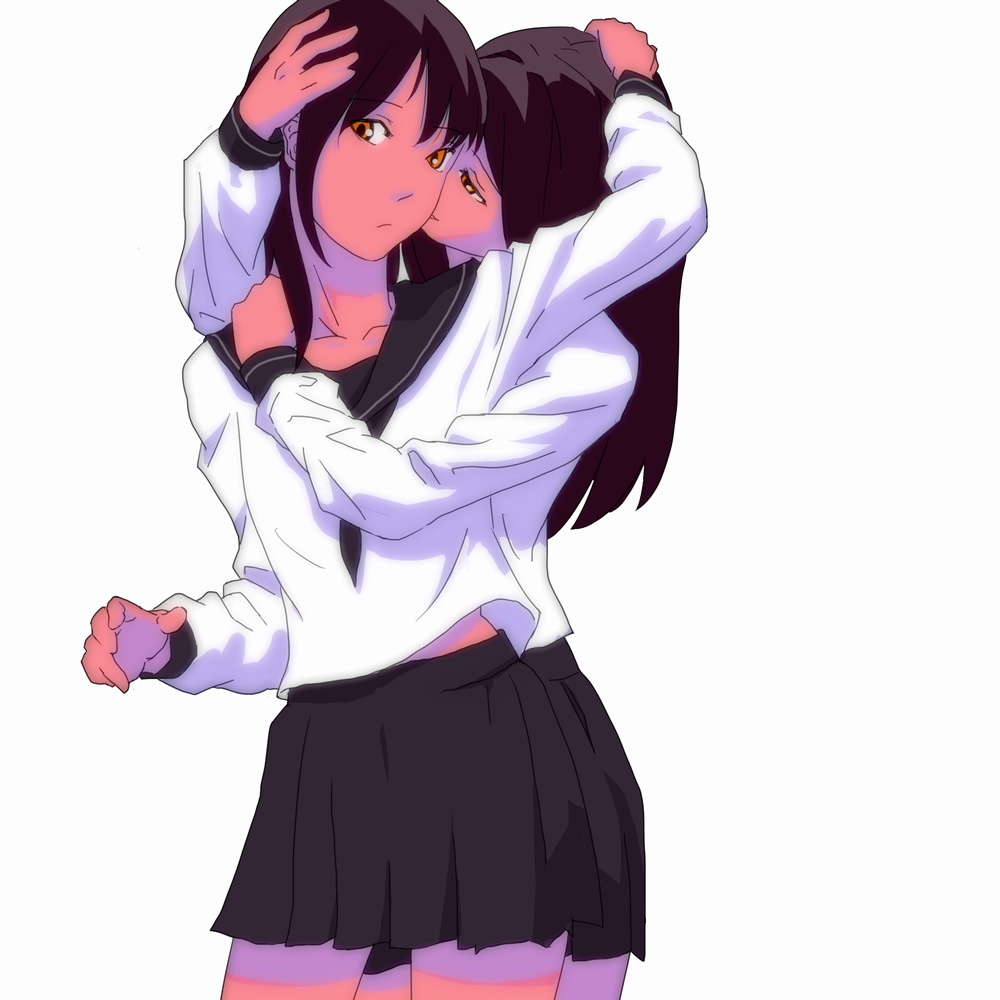 black_hair, hand_on_head, hug, hug_from_behind, long_hair, makki_(tobaccos), multiple_girls, orange_eyes