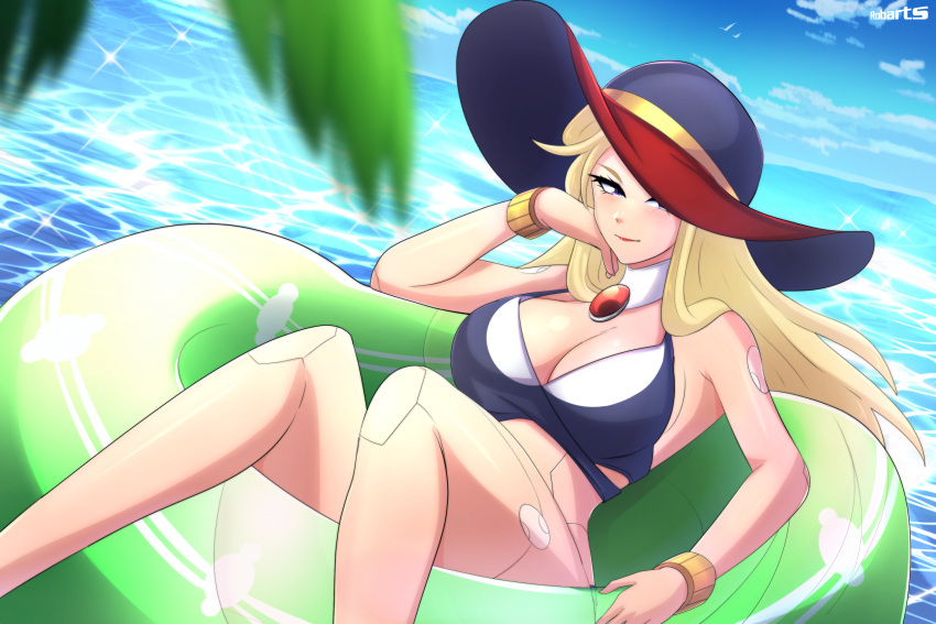 1girl, alternate_costume, android, armor, axasempai, berkana_(mega_man), bikini, blonde_hair, blue_eyes, blue_sky, bracelet, breastplate, breasts, capcom, chest_jewel, choker_jewel, hair_over_shoulder, hand_on_own_face, hat, hat_over_one_eye, headphones, highres, jewelry, joints, large_breasts, light_blush, light_smile, long_hair, mega_man_(series), mega_man_x_(series), mega_man_xtreme_2, ocean, palm_tree, pool_float, purple_bikini, purple_hat, red_lips, resting, robot, robot_girl, robot_joints, sideboob, sidelocks, sky, solo, swimsuit, tree, witch