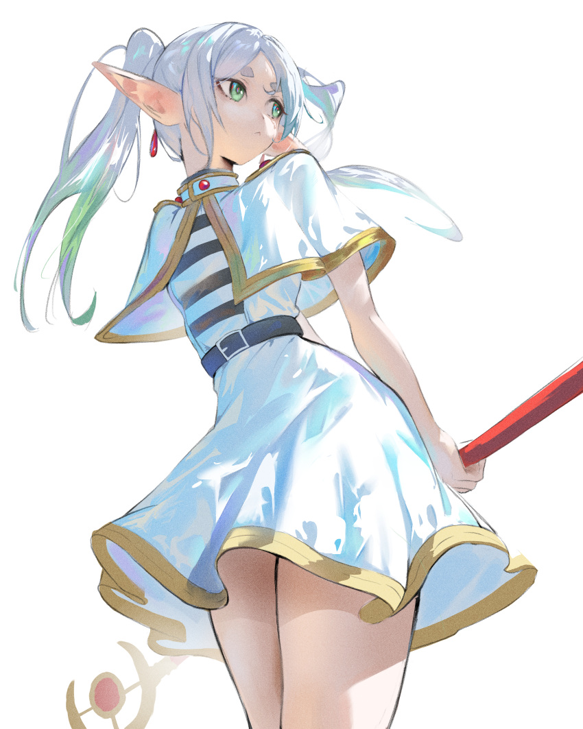 1girl, absurdres, capelet, closed_mouth, elf, frieren, green_eyes, grey_hair, highres, holding, holding_staff, long_hair, mage_staff, nosori, pointy_ears, shirt, simple_background, skirt, solo, sousou_no_frieren, staff, striped_clothes, striped_shirt, twintails, white_background, white_capelet, white_skirt