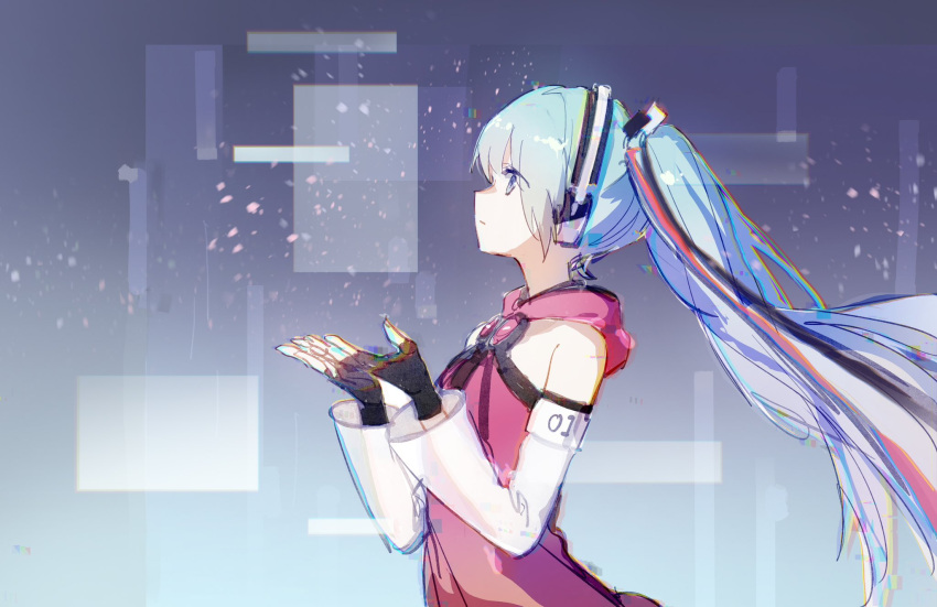 1girl, bare_shoulders, black_gloves, blue_eyes, blue_hair, closed_mouth, detached_sleeves, dress