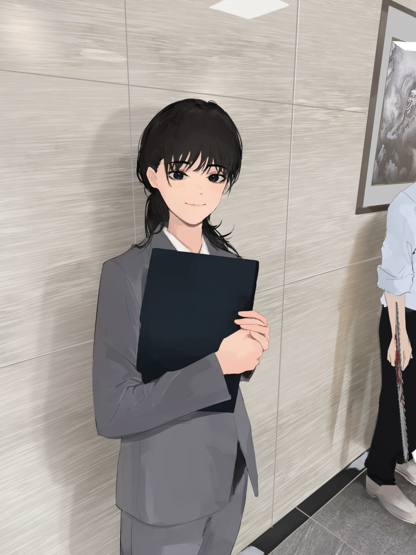 1boy, 1girl, absurdres, araki_saori, araki_saori_(cosplay), black_eyes, black_hair, black_pants