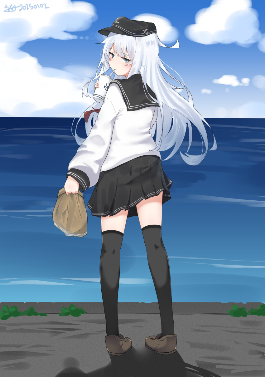 1girl, absurdres, anchor_symbol, bag, black_skirt, black_thighhighs, blue_eyes, blue_sky