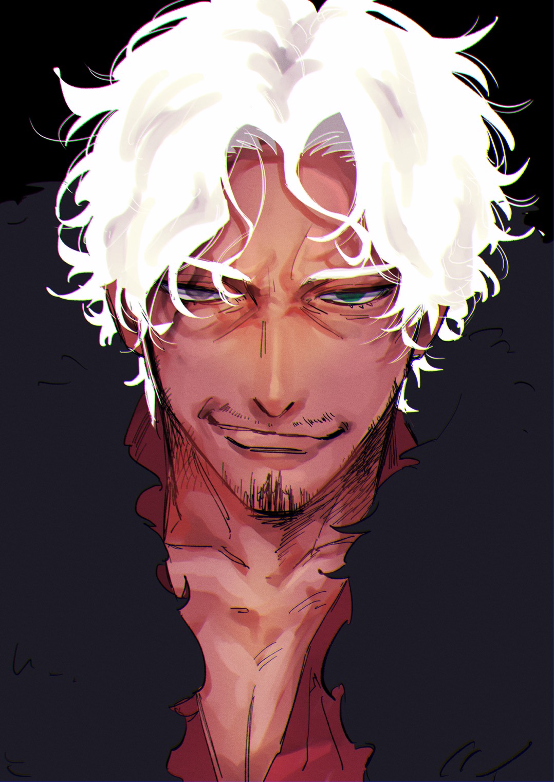 1boy, alternate_hair_color, amayado_rei, beard_stubble, black_background, chromatic_aberration, coat, collared_shirt
