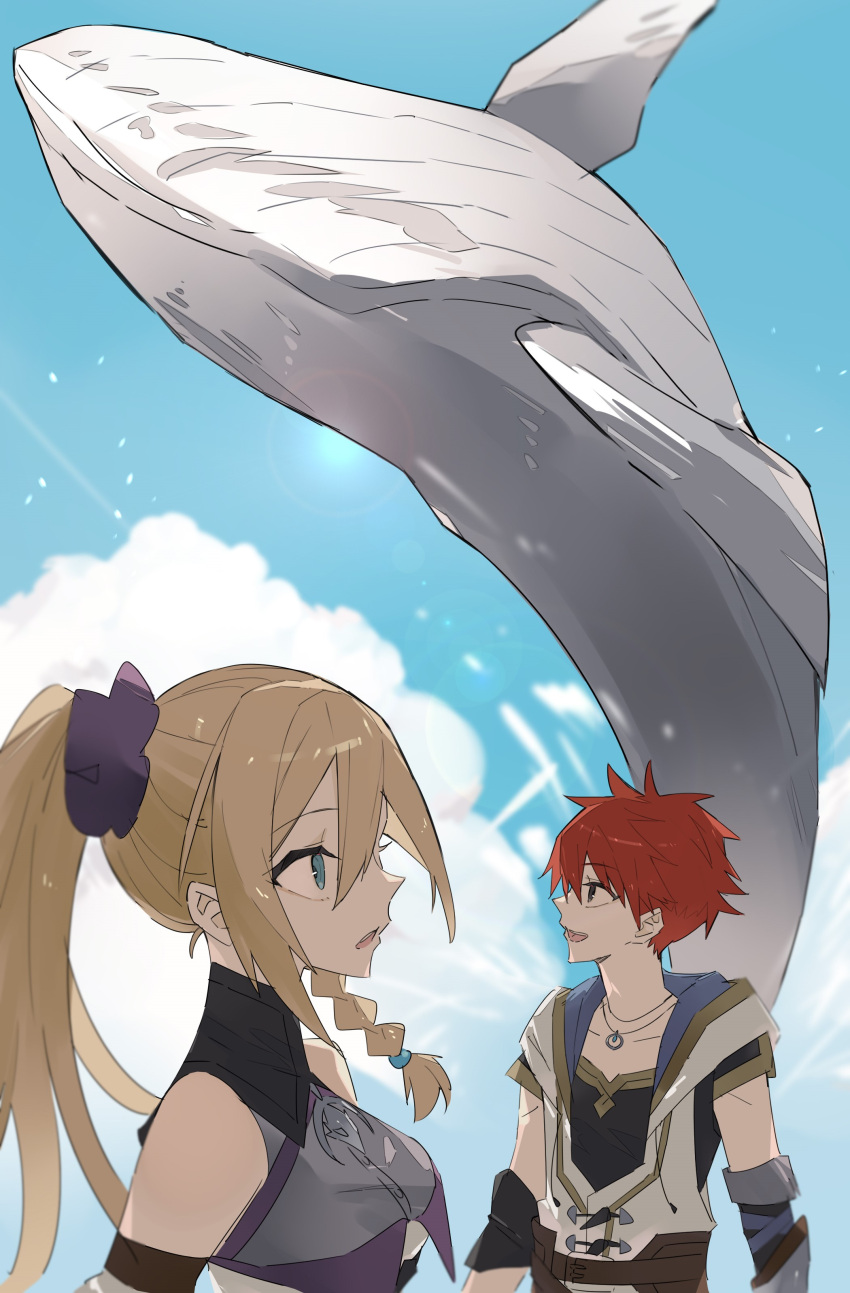 1boy, 1girl, 1other, absurdres, adol_christin, animal, bare_shoulders, blonde_hair