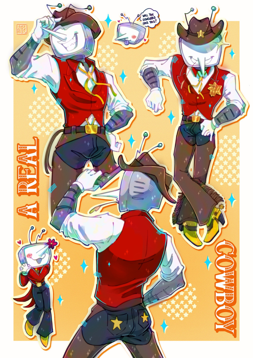 1boy, absurdres, ant_tenna, ant_tenna_(shootout), antennae, belt, belt_buckle, black_pants, brown_belt, brown_hat, buckle, chaps, clothed_robot, collared_shirt, cowboy_hat, crt, deltarune, drop_shadow, english_commentary, english_text, flower, gloves, hand_on_own_hip, hat, highres, humanoid_robot, long_nose, male_focus, maryaic, mouth_hold, multiple_views, necktie, object_head, outline, pants, pointy_nose, red_vest, robot, shirt, shoes, smile, sparkle, stalk_in_mouth, tailcoat, teeth, vest, white_gloves, white_outline, white_shirt, yellow_necktie, yellow_shoes