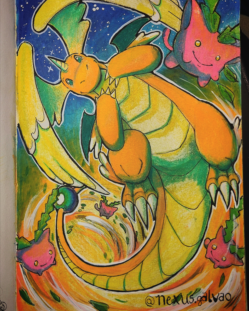 absurdres, bug, claws, colored_skin, dragon, dragonite, feathered_wings, fly