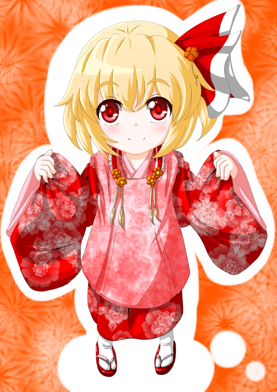 blonde_hair, face, hair_ribbon, hifu, highres, japanese_clothes, kimono, looking_up, red_eyes, ribbon, roco_(katsuya1011), rumia, sandals, short_hair, smile, solo, tabi, the_embodiment_of_scarlet_devil, touhou, youkai
