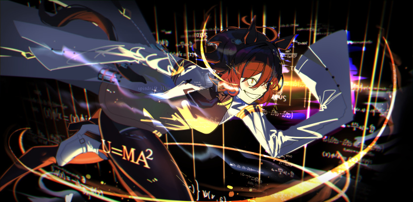 1girl, absurdres, agnes_tachyon_(umamusume), animal_ears, brown_hair, highres, horse_girl, horse_tail, lab_coat, math, necktie, pantyhose, running, shoes, sleeves_past_wrists, smile, solo, spindrift, sweater_vest, tail, umamusume, white_shoes