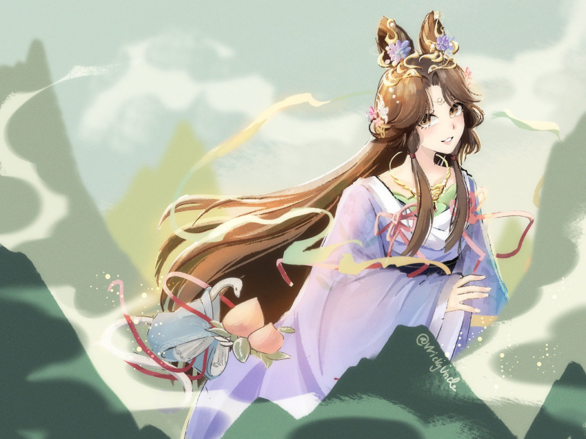 1girl, brown_eyes, brown_hair, chinese_clothes, facial_mark, flower, food, forehead_mark, fruit, grey_background, grin, hair_bun, hair_flower, hair_ornament, hanfu, highres, holding, holding_food, holding_fruit, huadian, jewelry, jiu_niangzi, jiu_niangzi_(blossom_spring_fairy), long_hair, looking_at_viewer, mountain, necklace, official_alternate_costume, peach, pink_flower, purple_flower, purple_hanfu, reverse:1999, smile, smoke, snake, solo, sylvia_sage, upper_body, very_long_hair