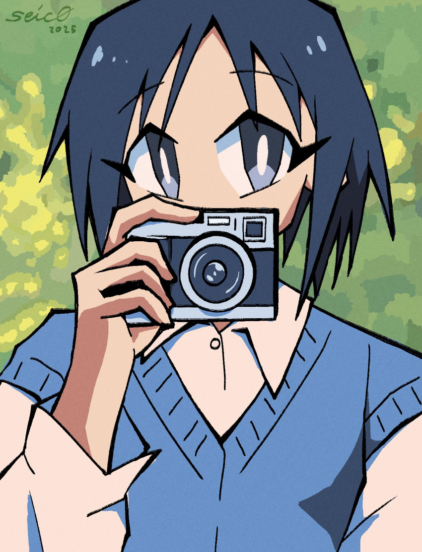 1girl, 2025, artist_name, birthday, black_hair, blue_vest, camera, close-up, dress_shirt, grey_eyes, highres, holding, holding_camera, kurosaki_honoka, looking_at_viewer, seisyun_c0mplex, shirt, short_hair, tree, vest, white_shirt, yama_no_susume